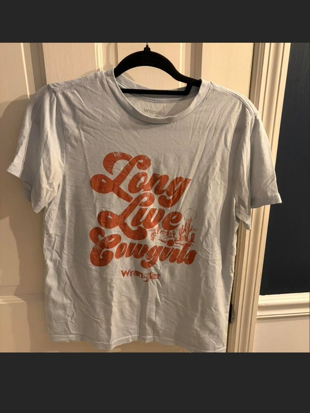 Wrangler Light Blue Short Sleeve Tee with Orange 'Long Live Cowgirls' Graphic